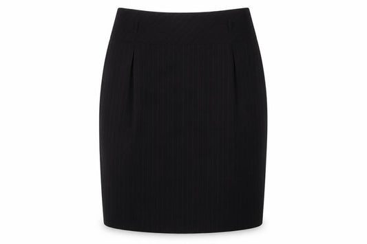Front view of Planet women’s black striped polyester a-line skirt, size UK 16, zip