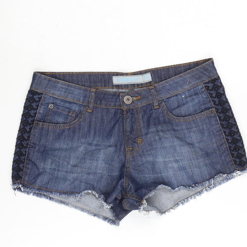 St Bernard Womens Blue Cotton Cut-Off Shorts Size 14 L3 in Regular Zip - Embroidery pattern to the sides