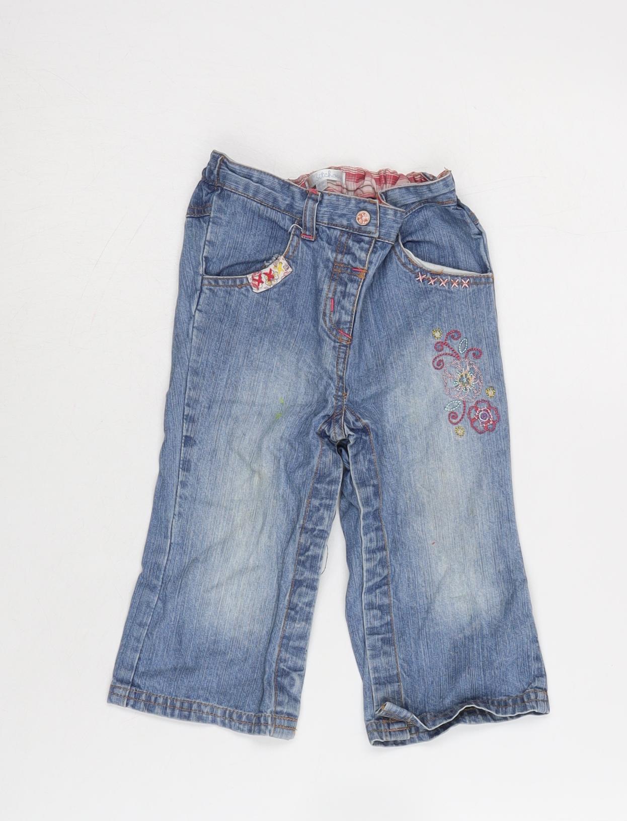 Kitchoun Girls Blue Cotton Capri Jeans Size 18 Months Snap - Embroidered