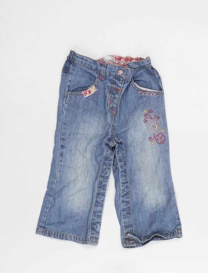 Kitchoun Girls Blue Cotton Capri Jeans Size 18 Months Snap - Embroidered