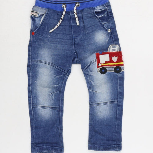 NEXT Boys Blue Cotton Capri Jeans Size 12-18 Months Tie - 13 inch inside leg / Embroidery