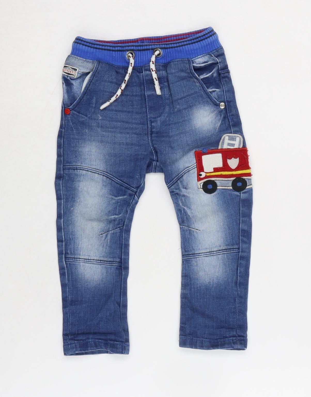 NEXT Boys Blue Cotton Capri Jeans Size 12-18 Months Tie - 13 inch inside leg / Embroidery
