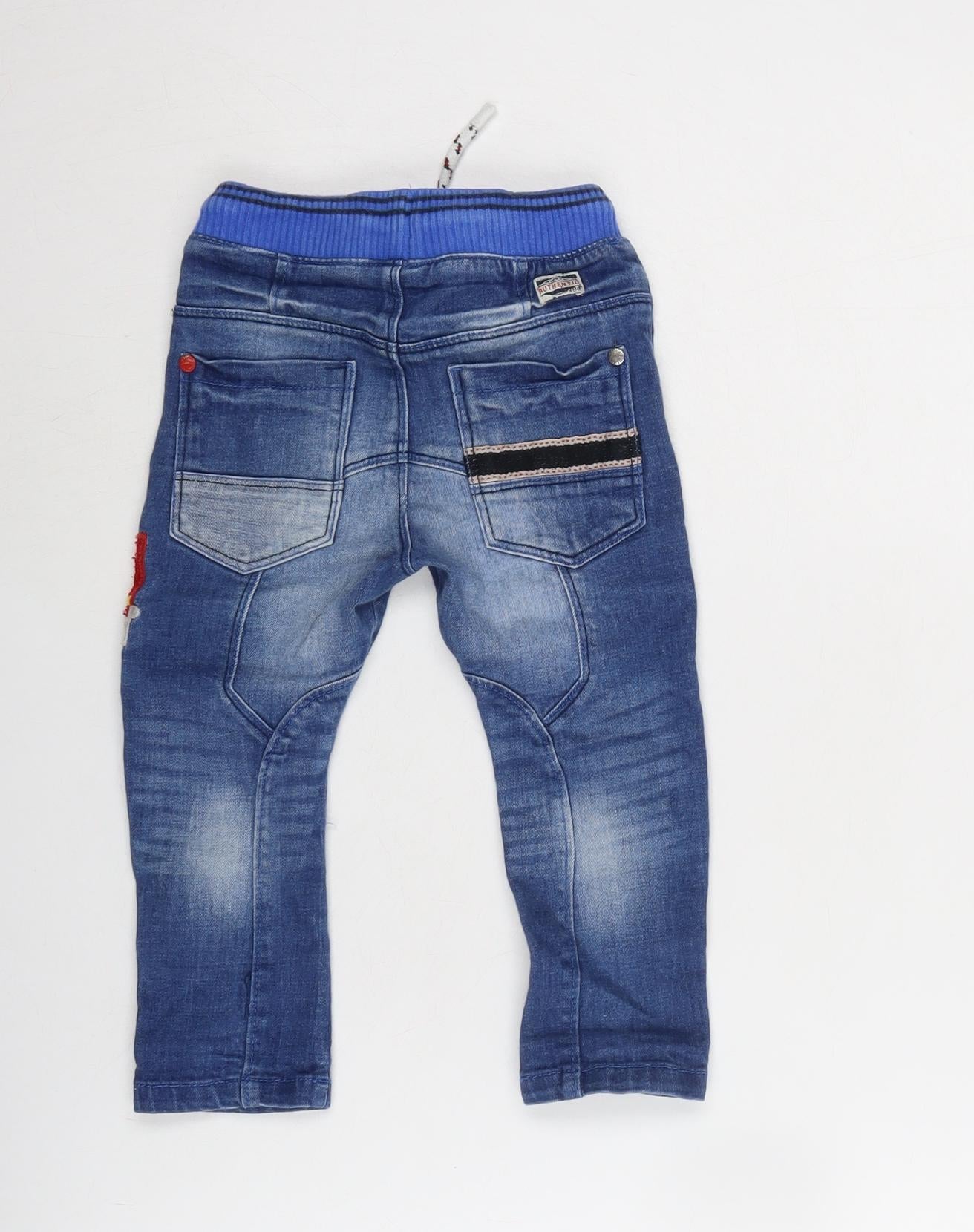 NEXT Boys Blue Cotton Capri Jeans Size 12-18 Months Tie - 13 inch inside leg / Embroidery