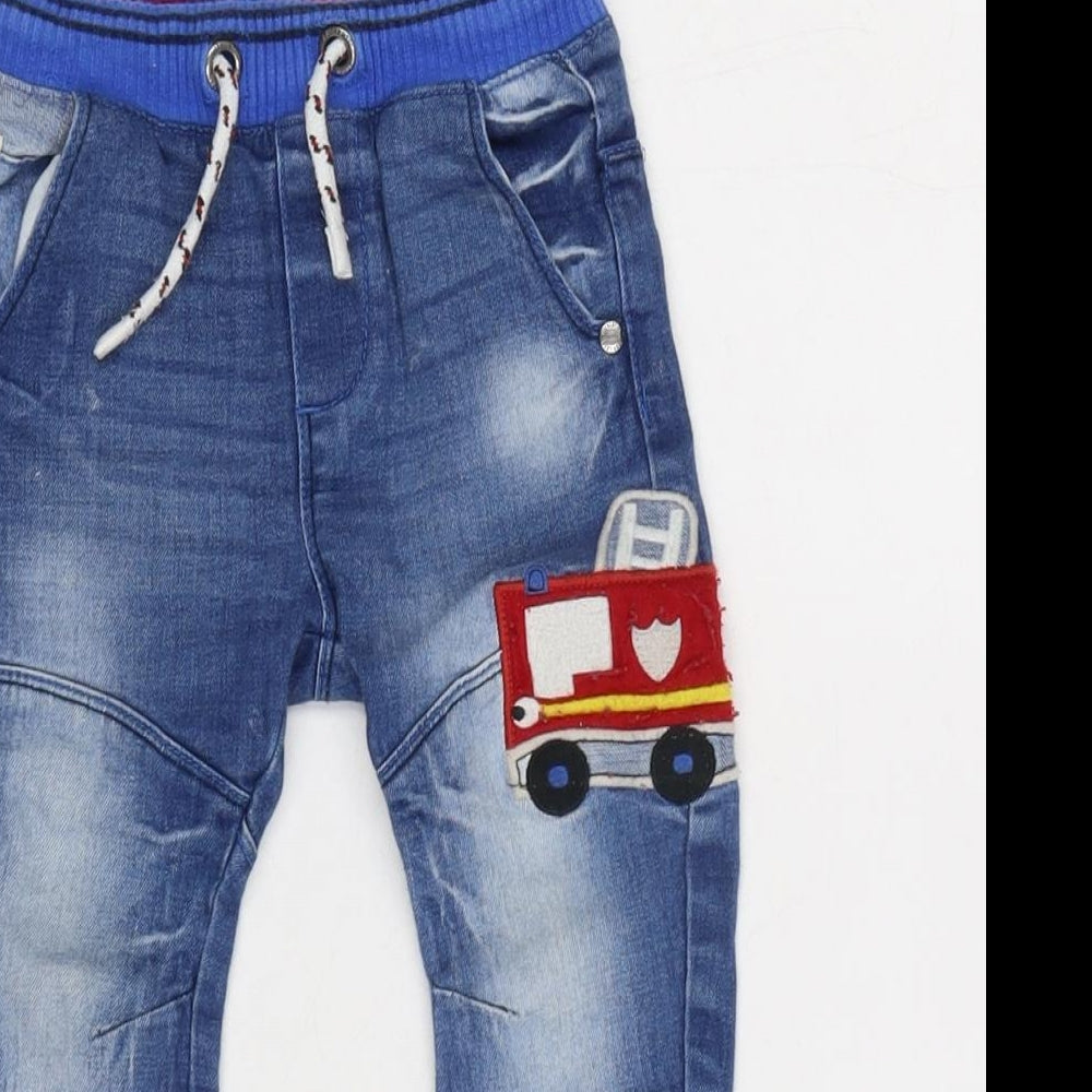 NEXT Boys Blue Cotton Capri Jeans Size 12-18 Months Tie - 13 inch inside leg / Embroidery