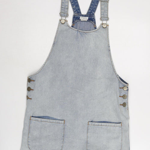 Cooperative Womens Blue Cotton Pinafore/Dungaree Dress Size S Round Neck Snap