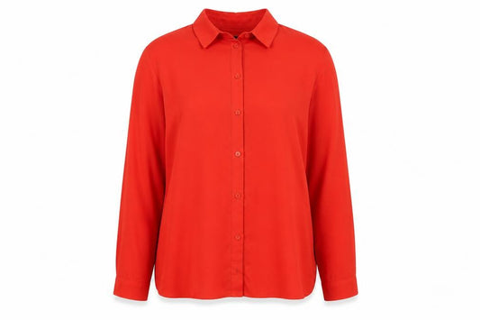 Front view of Dorothy Perkins women’s red polyester basic button-up, size UK 14, collared