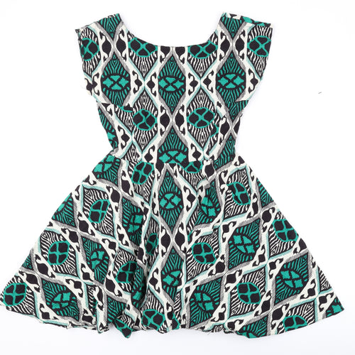 Louche Womens Green Geometric Cotton Skater Dress Size 10 Boat Neck Zip