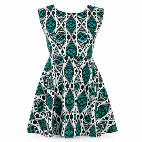 Louche Womens Green Geometric Cotton Skater Dress Size 10 Boat Neck Zip