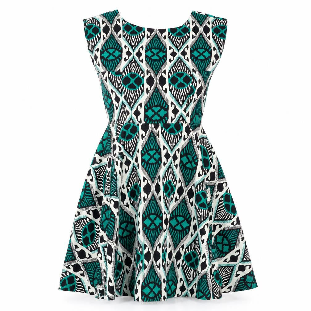 Louche Womens Green Geometric Cotton Skater Dress Size 10 Boat Neck Zip