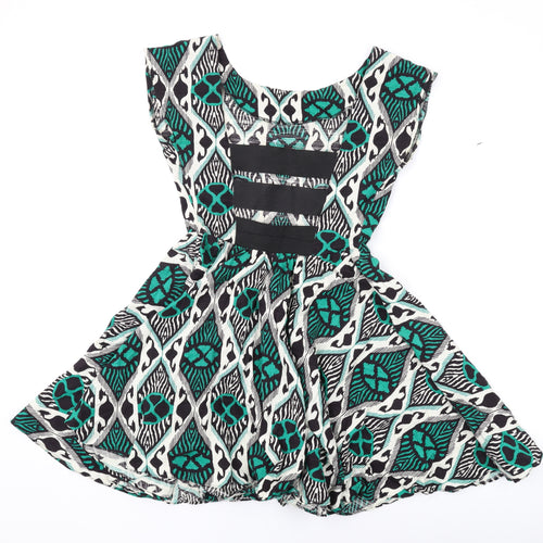 Louche Womens Green Geometric Cotton Skater Dress Size 10 Boat Neck Zip