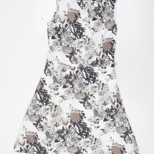 Jobis Womens White Floral Cotton Skater Dress Size 10 Round Neck Zip