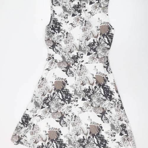 Jobis Womens White Floral Cotton Skater Dress Size 10 Round Neck Zip