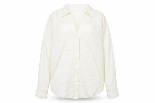 Front view of H&M women’s ivory polyester basic button-up, size L, collared