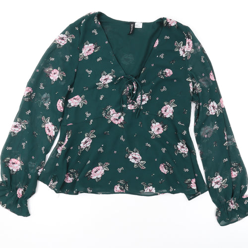 Divided by H&M Womens Green Floral Polyester Basic Blouse Size 8 V-Neck