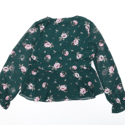 Divided by H&M Womens Green Floral Polyester Basic Blouse Size 8 V-Neck