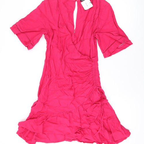 Zara Womens Pink Linen A-Line Size S V-Neck Zip