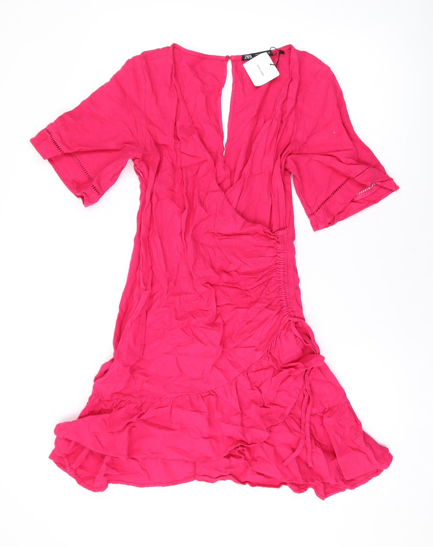 Zara Womens Pink Linen A-Line Size S V-Neck Zip