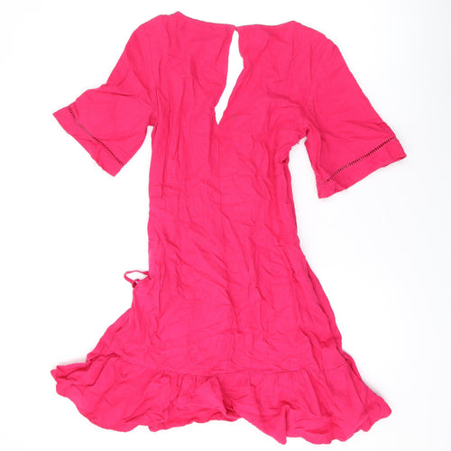 Zara Womens Pink Linen A-Line Size S V-Neck Zip