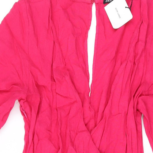 Zara Womens Pink Linen A-Line Size S V-Neck Zip