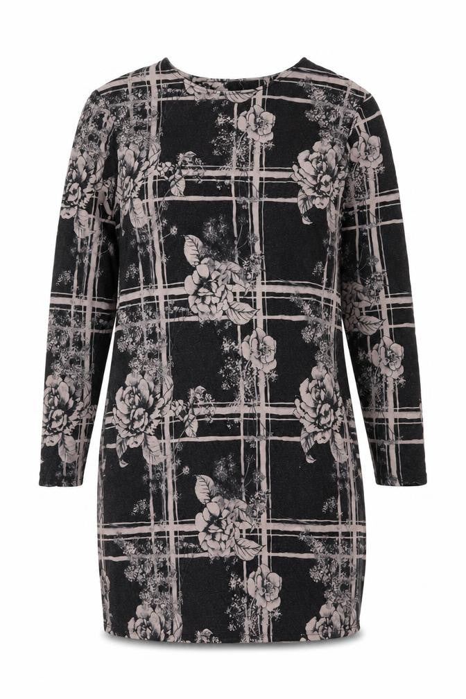 Front view of Thought women’s black floral polyester bodycon, size UK 14, scoop neck pullover