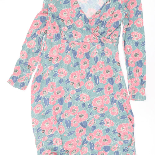 Bamboo Womens Green Floral Polyester A-Line Size 10 V-Neck Pullover
