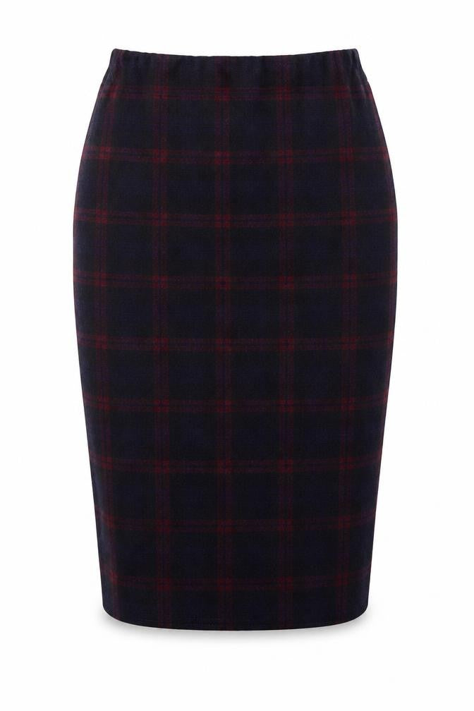 Front view of New Look women’s black plaid polyester bandage skirt, size UK 6
