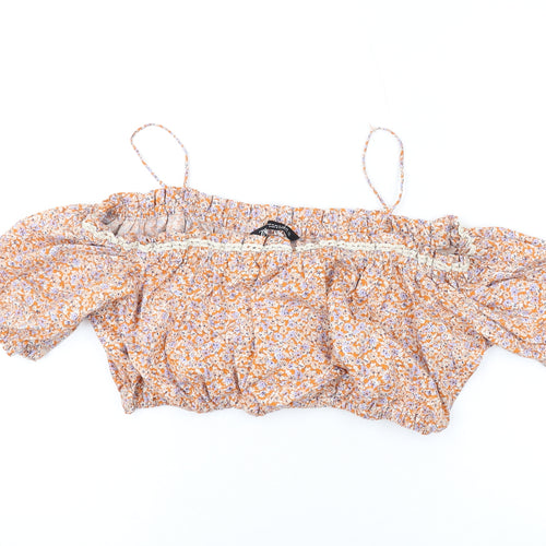 Zara Womens Orange Floral Cotton Cropped Blouse Size L Square Neck