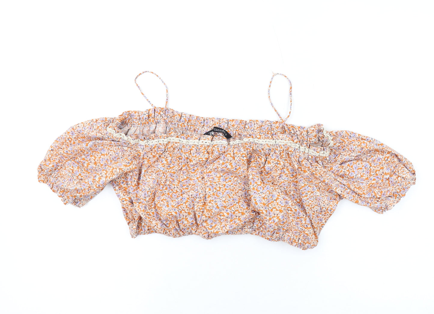 Zara Womens Orange Floral Cotton Cropped Blouse Size L Square Neck