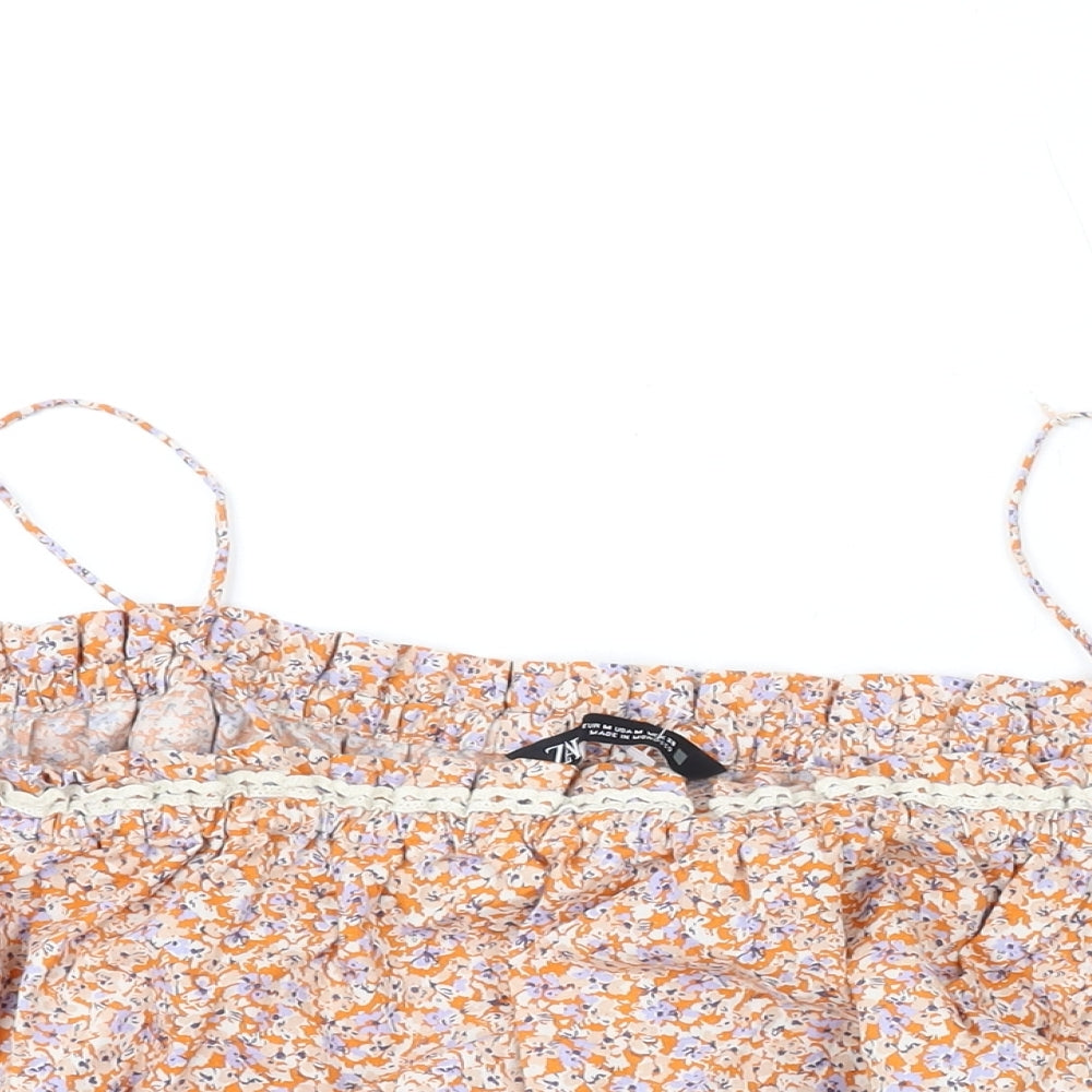 Zara Womens Orange Floral Cotton Cropped Blouse Size L Square Neck