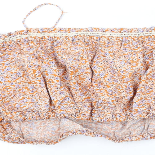 Zara Womens Orange Floral Cotton Cropped Blouse Size L Square Neck
