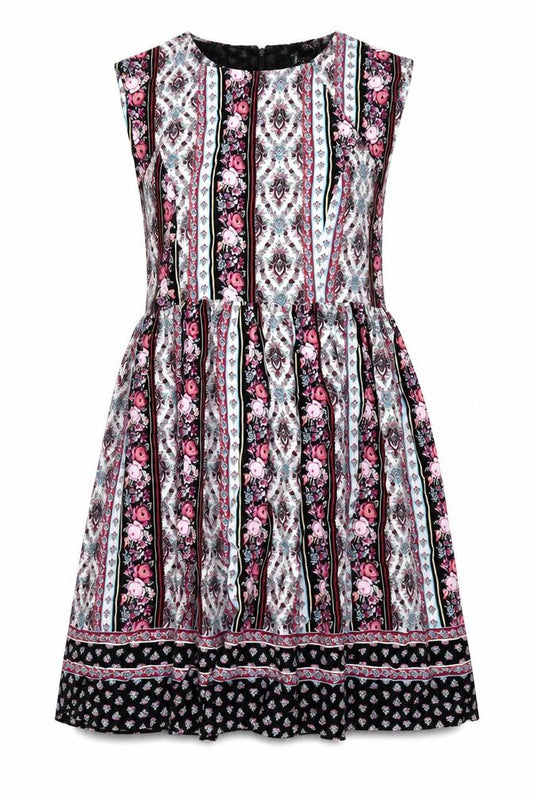 Front view of ASOS women’s multicoloured geometric viscose a-line, size UK 10, round neck zip