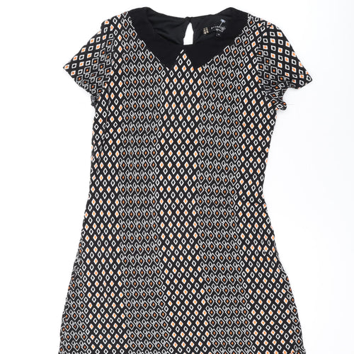 Principles Womens Black Geometric Viscose A-Line Size 12 Scoop Neck Button