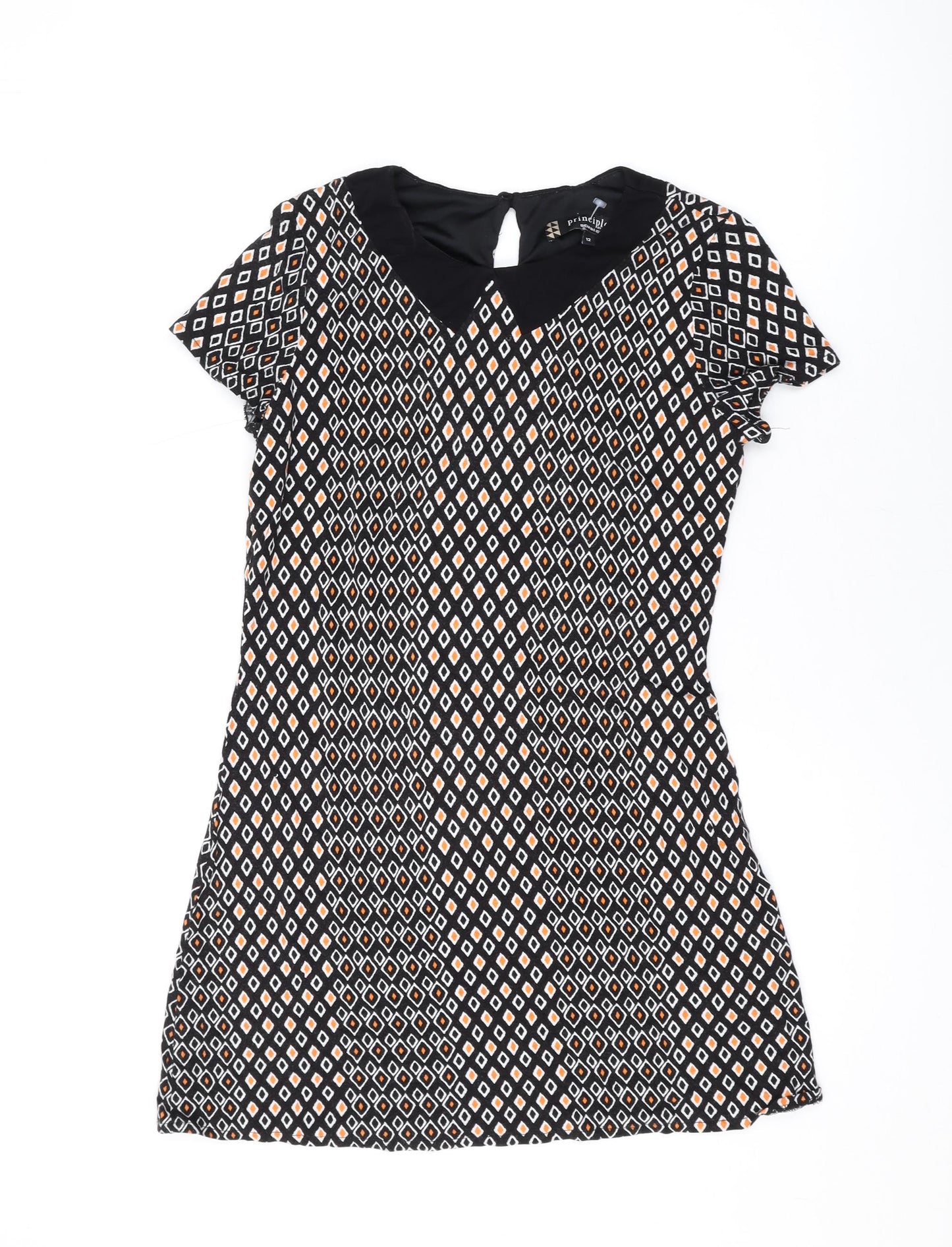Principles Womens Black Geometric Viscose A-Line Size 12 Scoop Neck Button
