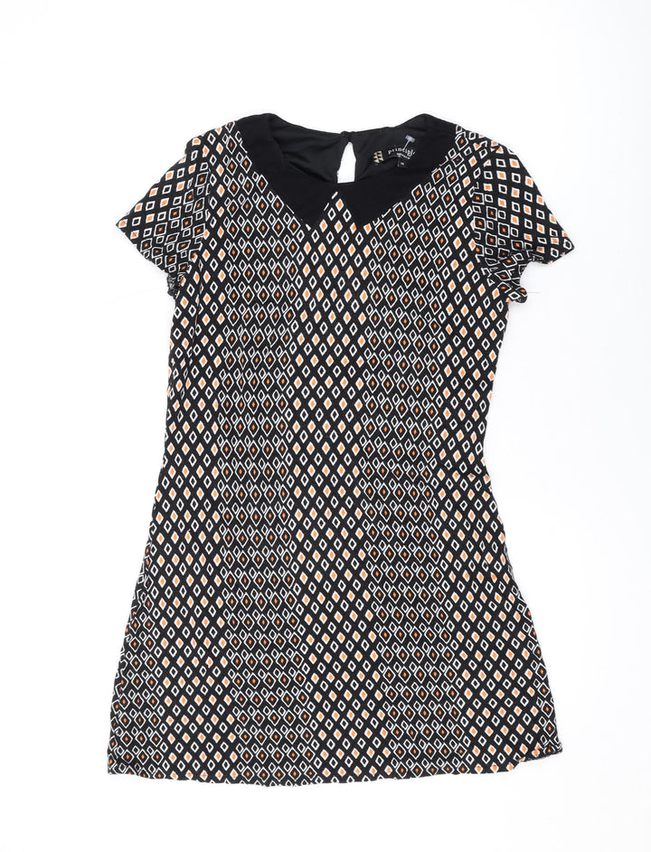 Principles Womens Black Geometric Viscose A-Line Size 12 Scoop Neck Button