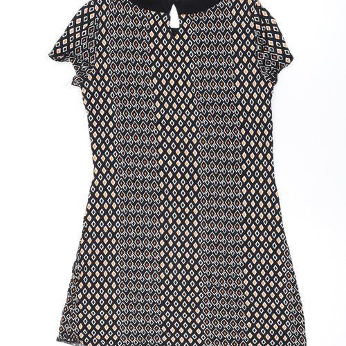Principles Womens Black Geometric Viscose A-Line Size 12 Scoop Neck Button