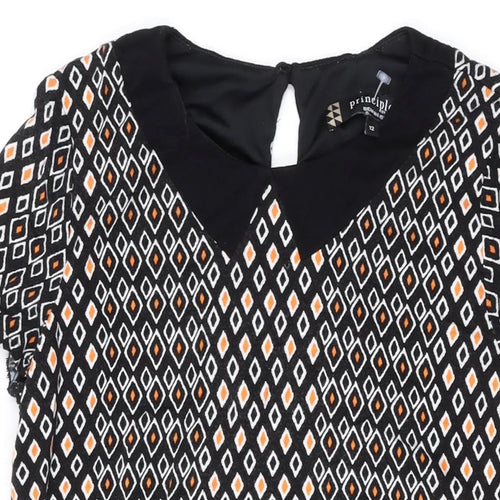 Principles Womens Black Geometric Viscose A-Line Size 12 Scoop Neck Button