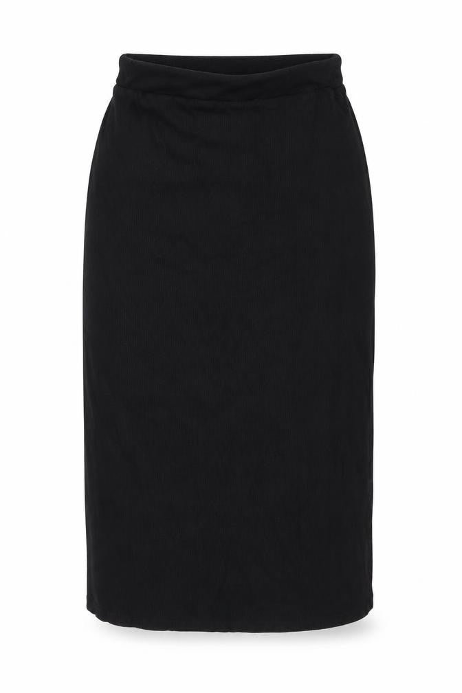 Front view of Warehouse women’s black polyester a-line skirt, size M
