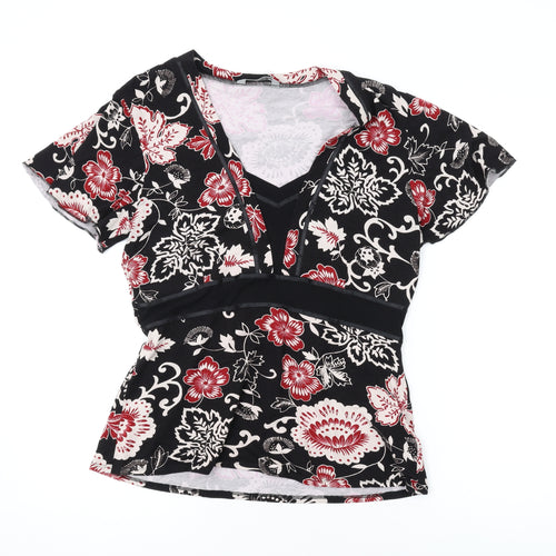 Marks and Spencer Womens Black Geometric Viscose Basic T-Shirt Size 14 V-Neck