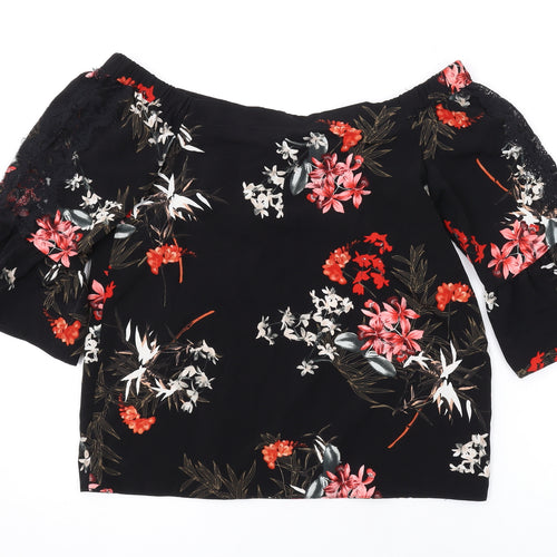 Miss Selfridge Womens Black Floral Polyester Basic Blouse Size 8 Off the Shoulder