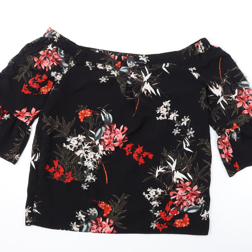Miss Selfridge Womens Black Floral Polyester Basic Blouse Size 8 Off the Shoulder