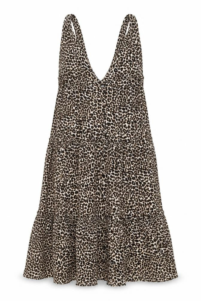 Front view of ASOS women’s brown animal print polyester a-line, size UK 10, v-neck button