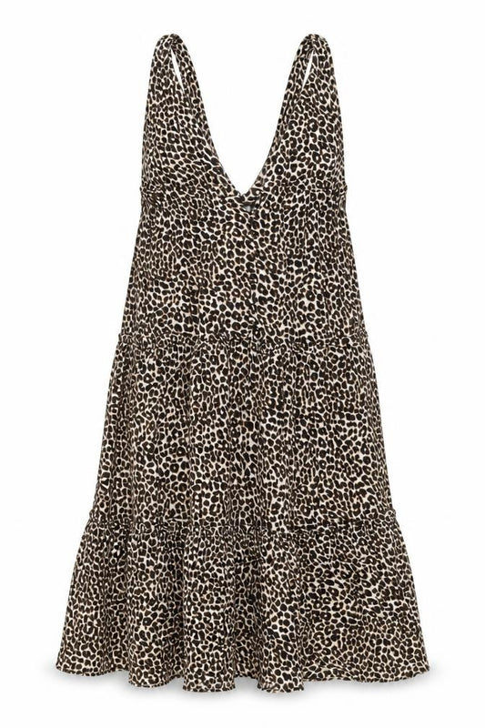 Front view of ASOS women’s brown animal print polyester a-line, size UK 10, v-neck button