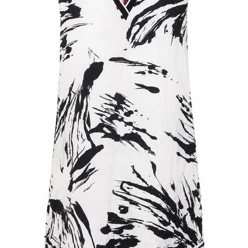 Blue Illusion Womens White Geometric Linen A-Line Size L V-Neck Zip