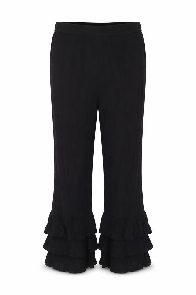 Front view of River Island women’s black viscose trousers, size UK 10, 20-inch leg regular