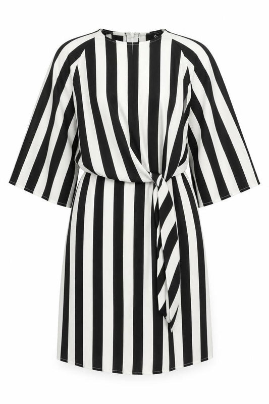 Front view of AX Paris women’s black striped polyester a-line, size UK 8, scoop neck buckle