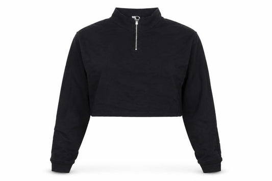 Front view of ASOS women’s black cotton pullover sweatshirt, size UK 6, zip