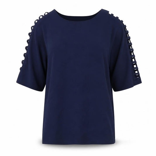 Front view of Coco Bianco women’s blue polyester basic t-shirt, size M, round neck