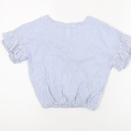 NEXT Girls Blue Striped Cotton Basic T-Shirt Size 10 Years Round Neck Button