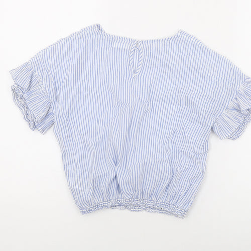 NEXT Girls Blue Striped Cotton Basic T-Shirt Size 10 Years Round Neck Button