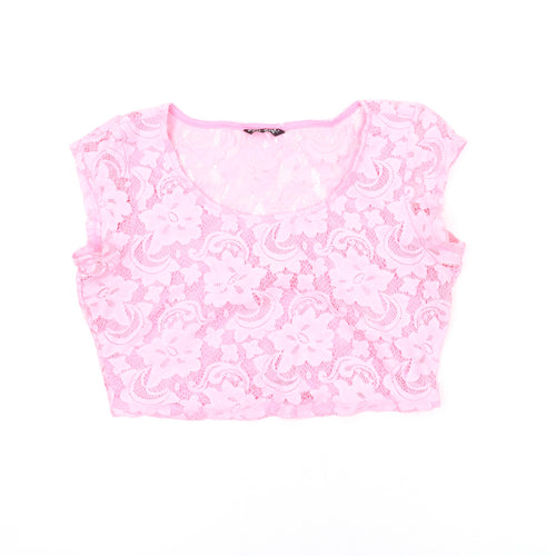 Select Womens Pink Polyester Cropped T-Shirt Size 14 Scoop Neck